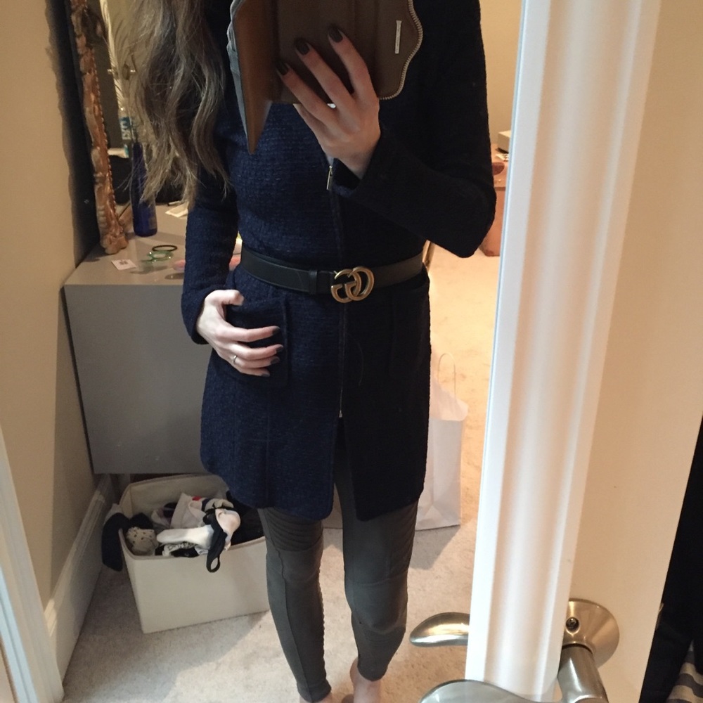 Navy St. John’s knit sweater jacket.